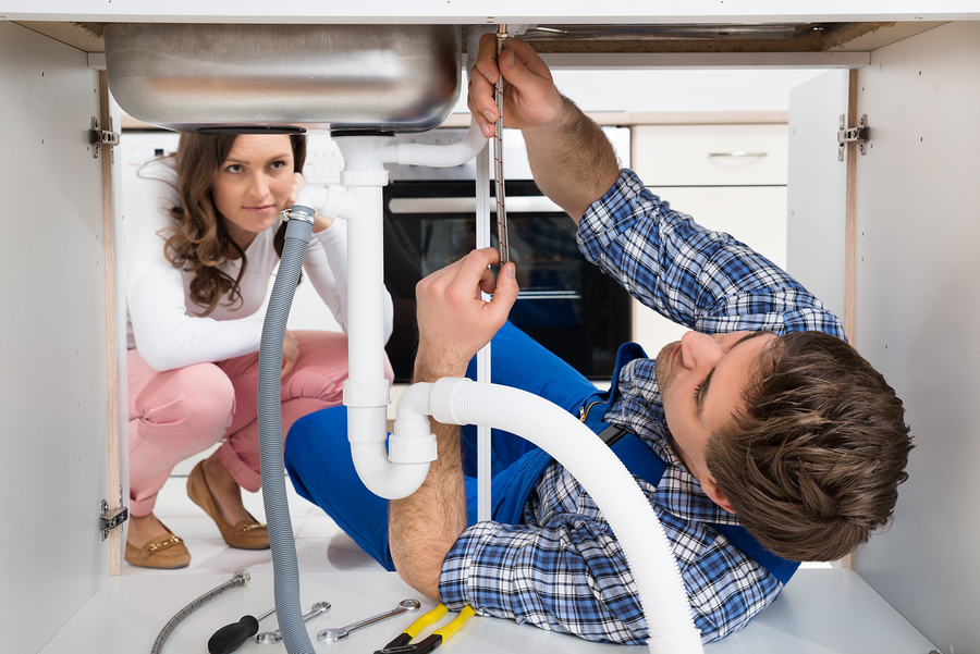 Young Worker Fixing Sink In Front Of Woman Crouching On Floor In Kitchen