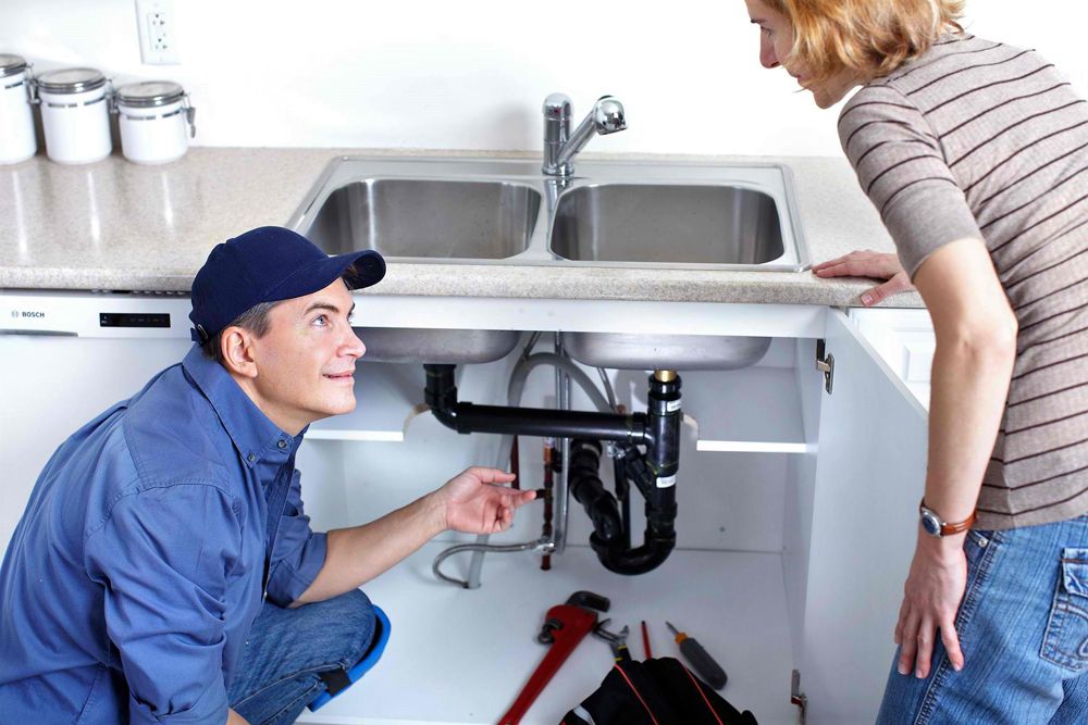 A plumber explaining the problem to a woman.